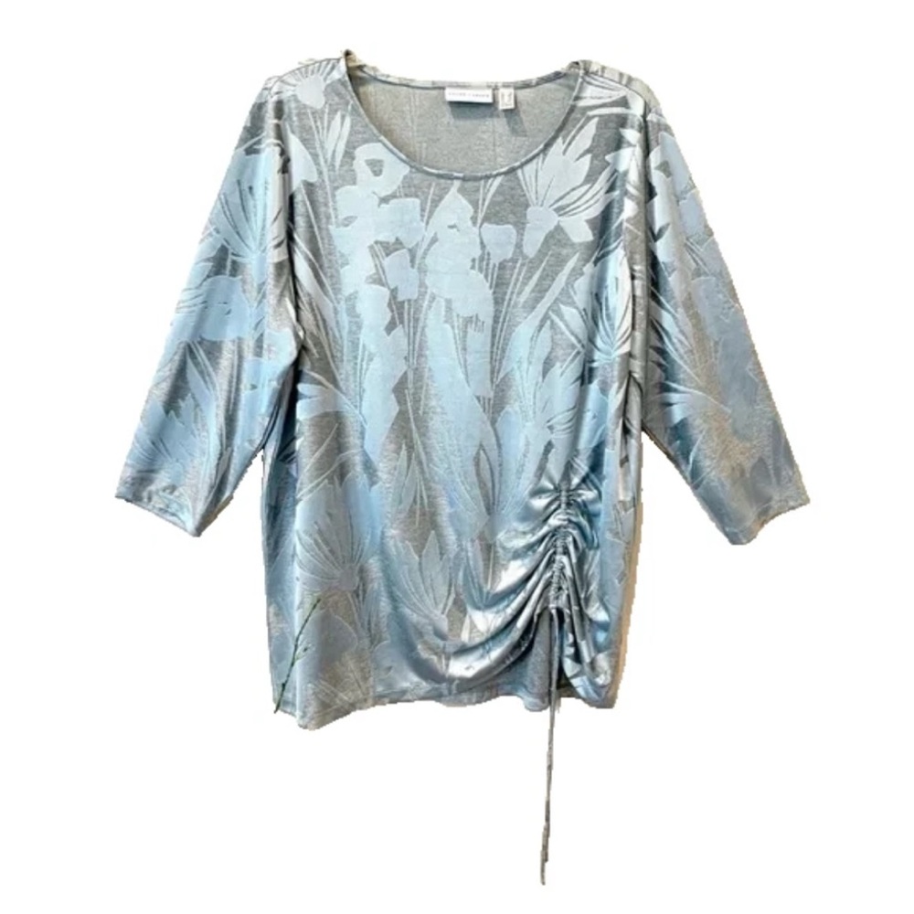 SUSAN GRAVER SILKY FLORAL TOP 1X BURN OUT SILVER TONES 3/4 SLEEVE FANCY PARTY